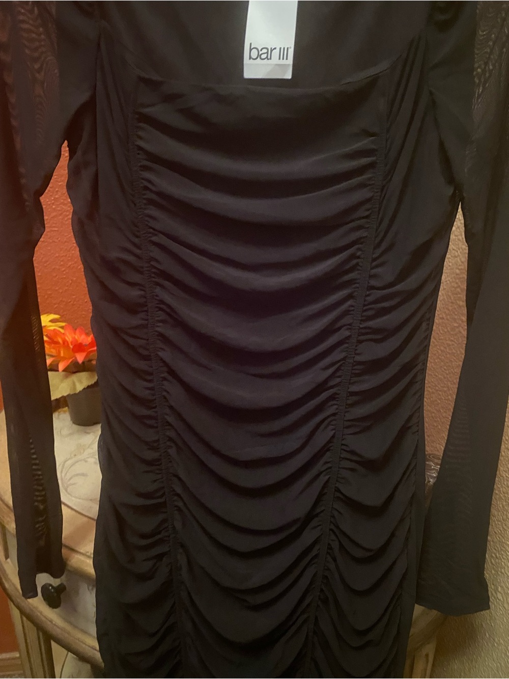 Bar III - New - Black Ruched Mesh Long Sleeve Mini Dress - Picture 4 of 9